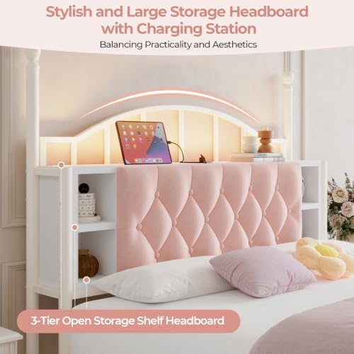 Twin Size Upholstered LED Canopy Bed Frame with 2 Drawers and & Charging Station, Button Tufted Storage Headboard, Metal Platform Bed with 4 Removable Posts, No Box Spring Needed, Pink