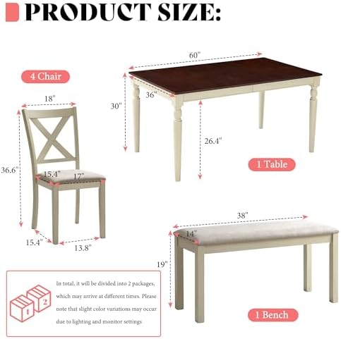 AMERLIFE 6 Piece Farmhouse Dining Table Set with 60" Solid Wood Table