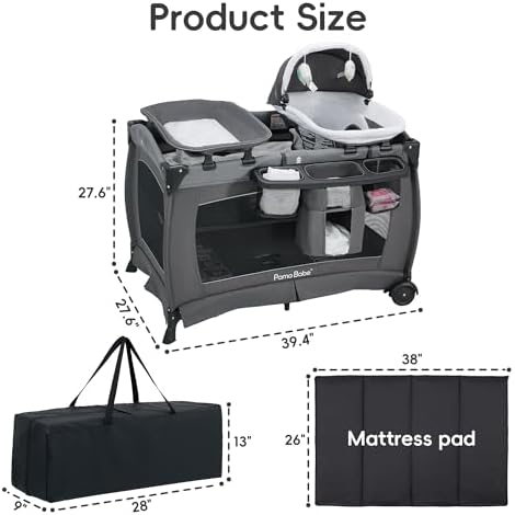 Pamo Babe Pack and Play 4-in-1 Baby Playard with Bassinet & Changing Table, Foldable Portable Playpen with Mattress, Travel Crib for Newborn to Toddler 0-36M-Black