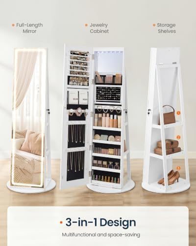 SONGMICS HOME LED Standing Jewelry Armoire, Vanity Mirror with Storage | Full Length Mirror with Lights, Lockable Large Jewelry Box, Space-Saving Jewelry Organizer, Gift Idea, White UJJC008W01SH