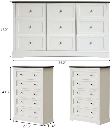 KIGOTY Farmhouse Bedroom Set, 3 Piece Bedroom Furniture Set, 9/5 Drawer Dressers,Rustic Closet Clothes Organizer, Drawer Dresser Set for Home