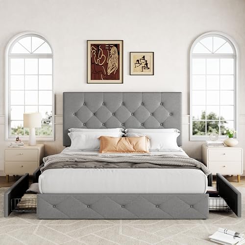 Allewie Full Size Storage Bed Frame with 4 Underbed Drawers, Upholstered Platform Bed with Adjustable Headboard, Diamond Button Tufted, Easy Assembly, Noise-Free, No Box Spring Needed, Light Grey