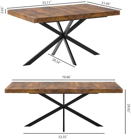 Extendable Dining Table for 4-6 People, 55" to 71" Expandable Table with Hidden Storage Drawer and Black Metal Base, Modern Rectangular Kitchen Dining Table, Brown