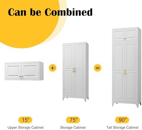 SteeLoong 90”Metal Pantry Storage Cabinet with Doors & 4 Adjustable Shelves | Kitchen Pantry Cabinet,White Kitchen Cabinet with 4 Gold Handles,Tall Cabinet for Livingroom,Pantry, Bathroom,Kitchen,Garage