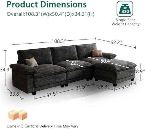 108" Modular Sectional Couch, L Shaped Cloud Sofa for Living Room