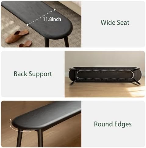 100% Solid Oak Dining Bench, Wood Bench for End of Bed with Rounded Corners, Entryway Benches for Entrance, Hallway, Kitchen, Living Room(Oak Black,12" L x 47.2" W x 16.2" H)