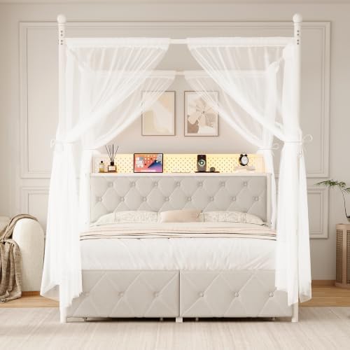 Queen Size Canopy Bed Frame with Charging Station and LED Lights