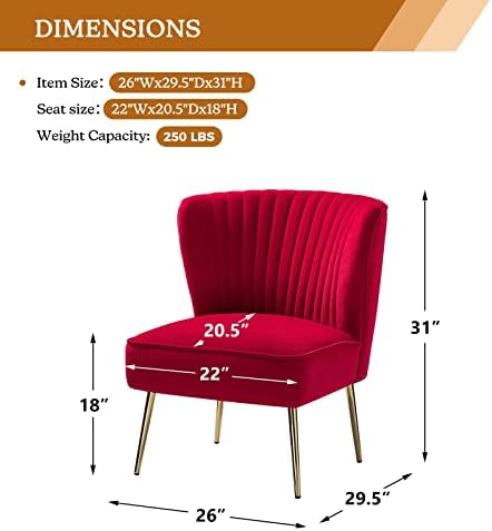 HULALA HOME Velvet Accent Chair, Modern Upholstered Cute Side Chair with Gold Metal Legs, Armless Wingback Slipper Chair Comfy Living Room Chair for Bedroom Guest Room Vanity,RED