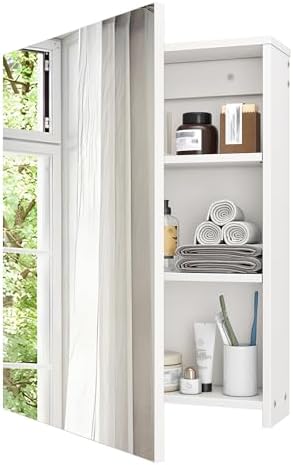 CHOEZON Bathroom Medicine Mirror Cabinet, 21.7'' x 27.6'', Wall-Mounted Bathroom Vanity with Mirror, Bathroom Medicine Cabinet with Storage Function, Hanging Storage Cabinet, Adjustable Shelves, White