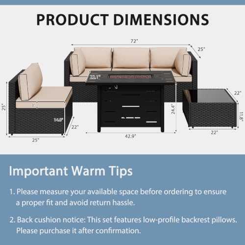 Shintenchi 6 Piece Outdoor Patio Furniture Set with 43 Inch Propane Fire Pit, Washable Cushions, Glass Coffee Table, Waterproof Cover & CSA Certified for Backyard Poolside, Black PE Rattan/Khaki