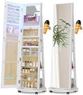 Full Length Mirror with Jewelry Storage, 360° Rotating Jewelry Armoire Organizer with Lights, Lockable Mirror Jewelry Cabinet Standing, Jewelry Mirror Cabinet for Gifts (White)