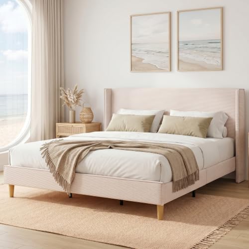King Corduroy Upholstered Platform Bed with Headboard Wingback, Beige