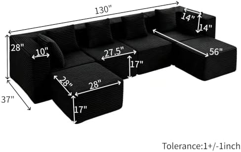 130-Inch Oversized U-Shaped 6 PCS Modular Cloud Couch Boneless Corner Sectional Couch W/Ottomans, Compression Boneless Corner Sofa Plush Corduroy Sectional Sofa for Living Room