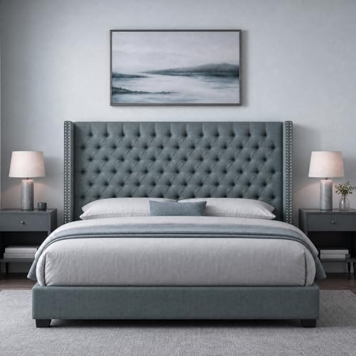 Madison Park Queen Wingback Upholstered Tufted Headboard, Featuring High-Density Sponge Padding, Adjustable Height Headboard, Easy Assembly, Dark Grey Woven
