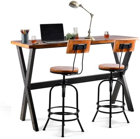 Bar Table, 47.24"L×41.33"H Bar Height Pub Table High Top Rectangular Sofa Console Table Kitchen Dining Coffee Table, for Narrow Space, Living Room, Indoor, Rustic Brown Wood, Industrial Black Metal