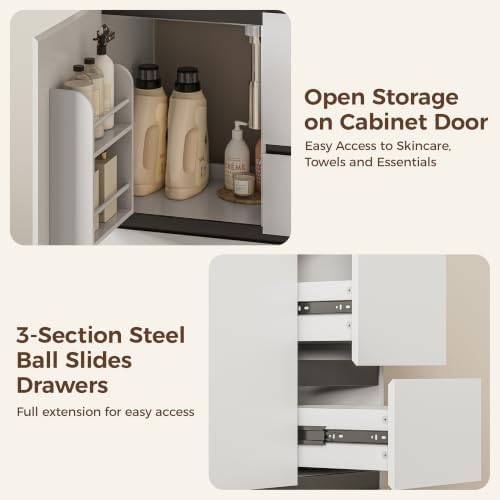 IRONCK 30-Inch Bathroom Vanity with Ceramic Sink, Modern (White) | Power Outlet | Freestanding | Divided storage | Hiddle Handle | Soft-Close Hinges