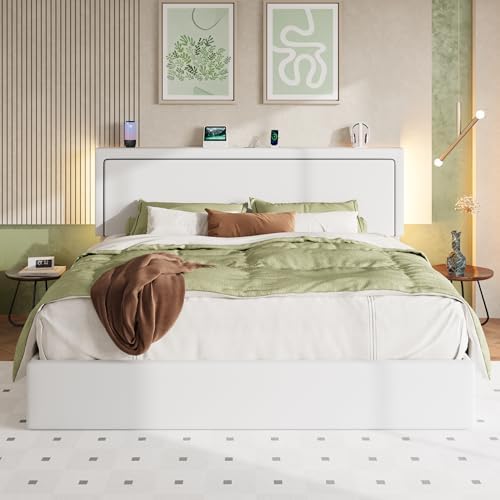Allewie King Lift Up Storage Bed Frame with Charging Station, White