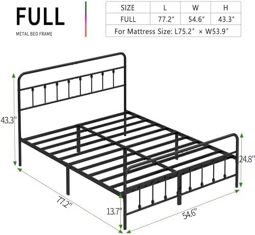 Full Size Metal Bed Frame with Headboard and Footboard,Black