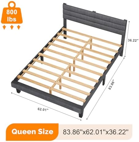 VINGLI Platform Bed Frame Queen Size with Linen Fabric Headboard,Modern Panel Low Profile Bed with Upholstered & Sturdy Slats Support for Bedroom, Mattress Foundation, Dark Gray