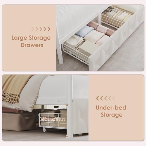 Keyluv Queen Size Upholstered LED Canopy Bed Frame with Charging Station and Drawer, Button Tufted Crown Headboard with Storage Shelf, Two-Purpose Removable Four Poster Design Platform Bed, Beige