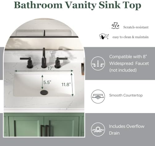 48 Inch Fully Assembled Bathroom Vanity with Sink, Sage Green | Modern Solid Wood Freestanding Vanity for Bathroom, Quartz Top & Backsplash, Soft-Close Doors, Dovetail Drawers, Bath Upgrade