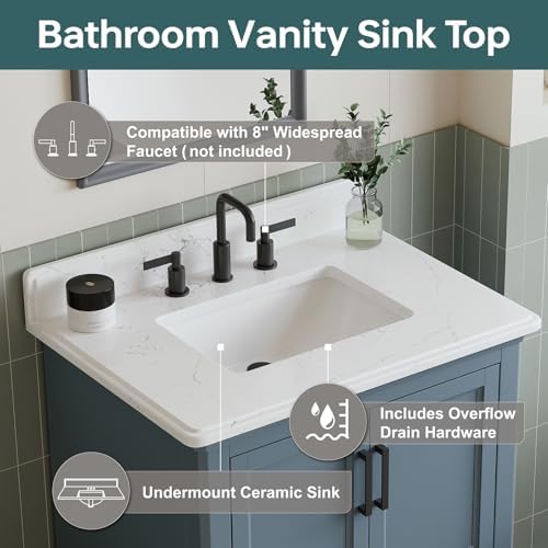 30" Bathroom Vanity with Sink, Fully Assembled, Steel Blue | Freestanding Solid Wood Bathroom Vanities with Quartz Countertop & Backsplash, Soft Close Doors & Dovetail Drawer