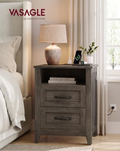 VASAGLE Farmhouse Nightstand with Charging Station, 2 Drawers