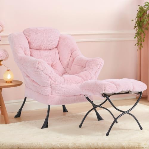Tiita Lazy Chair with Ottoman, Comfy Reading Accent Chair, Plush Pink