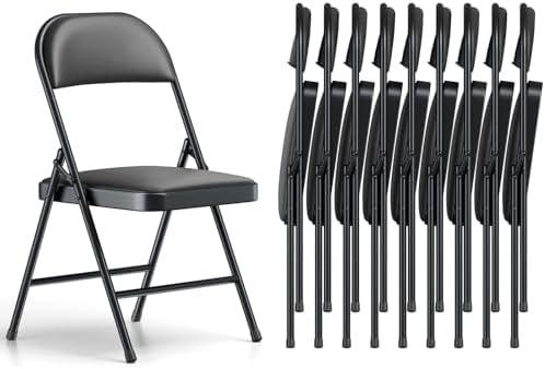 Folding Chairs 10 Pack, PU Leather Padded Folding Chairs for Outside and Indoor, Heavy Duty Portable Foldable Metal Commercial Seat for Home Office, Dorm, Party, Backyard, Lawn, Patio, Black