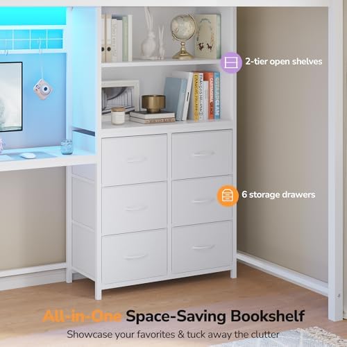 DICTAC Twin Loft Bed with Desk, Storage Bookshelf and 6 Drawers, White