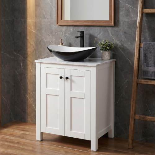 24 Inch White Bathroom Vanity with Marble Texture Top, Traditional Standing Pedestal Cabinet with Black and White Boat Ceramic Sink