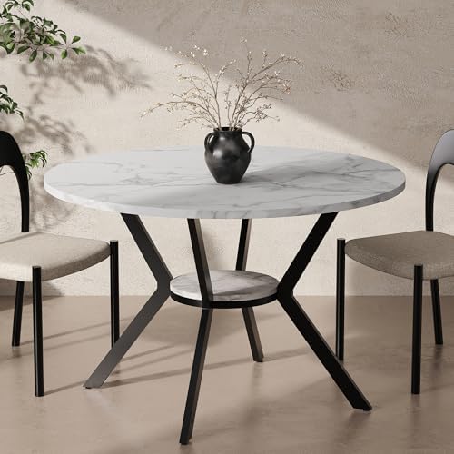 42" Round Dining Table for 2-4, Modern Kitchen Table with Faux Marble Tabletop & Metal Legs, Space Saving Circle Table with Storage, Wood Kitchen & Dining Room Tables for Kitchen Dining Room