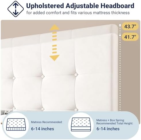 Allewie Queen Size Storage Bed Frame with 4 Underbed Drawers, Upholstered Platform Bed with Adjustable Headboard, Square Button Tufted, Easy Assembly, Noise-Free, No Box Spring Needed, Soft White