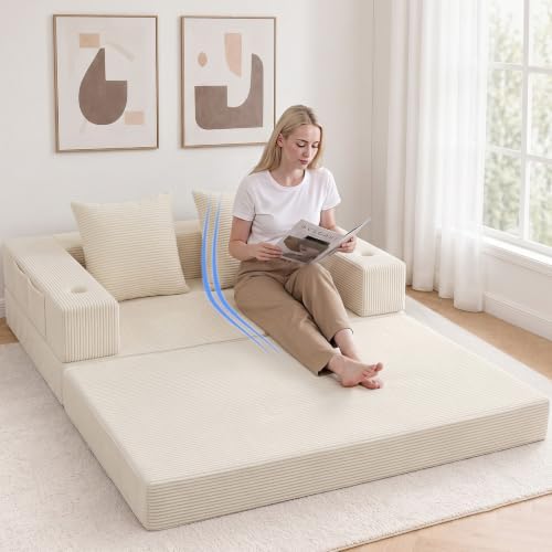 COMAX Boneless Futon Sofa Bed, 59" Small Low-Profile Floor Couch, Beige