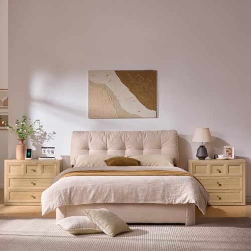 3-Piece Bedroom Set, 6 Drawer Dresser and 3 Drawer King Size Nightstands Set of 2 with Charging Station, 3 Piece Farmhouse Wood Bedroom Dresser and Nightstand Sets,Natural