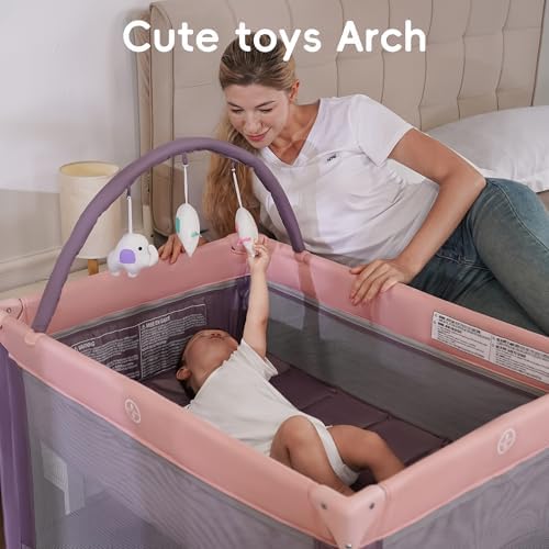 Pamo Babe Pack and Play with Bassinet, Pink Portable Playard for Baby