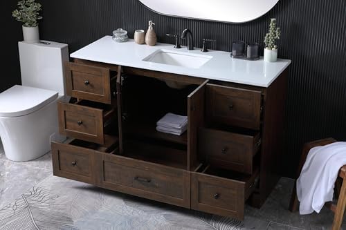 54" Pre-Assembled Bathroom Vanity with Sink, Engineered Wood, Ivory White Engineered Marble Countertop Attached, Single Rectangle Porcelain Sink, 7 Soft-Close Drawers, Expresso