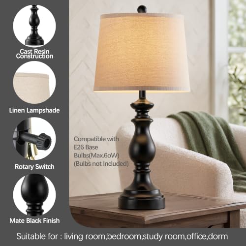PARTPHONER Traditional Table Lamp Set of 2, Rustic Farmhouse Table Lamps for Living Room Bedroom, 27" Bedside Desk Lamps Vintage Nightstand Lamps with Linen Shades, Matte Black