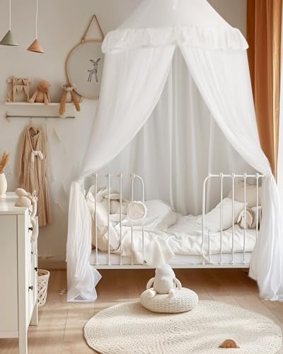 Large Bed Canopy with Star Lights, Double Layer Canopy for Bed, Princess Play Tent for Girls Room, Breathable Canopy Bed Curtain for Children Reading Nook, Machine Washable Canopy, 40''x106'', White