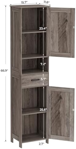 Homhedy 67" H Tall Bathroom Storage Cabinet with Barn Doors and Drawer | Narrow Storage Unit with Adjustable Shelves, Floor Cabinet for Bathroom, Living Room, Entryway or Kitchen, Greige, 15.7" W