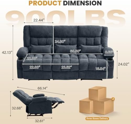 BOSMILLER Recliner 3-Seat Sofa with Cup Holders for Living Room, Manual Sofa Recliner with Side Pocket
