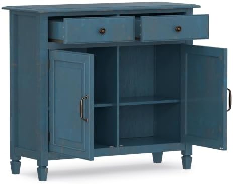 SIMPLIHOME Connaught 40" Wide Solid Wood Cabinet in Distressed Coastal Blue