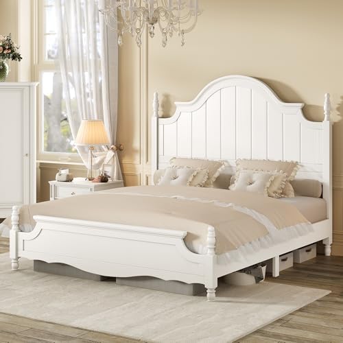 AMERLIFE California King Solid Wood Bed with Arched Headboard, White
