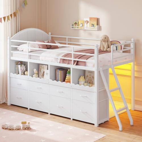DICTAC Low Loft Bed Twin Size with 8 Drawers, 4 Bookcase & LED Lights,White