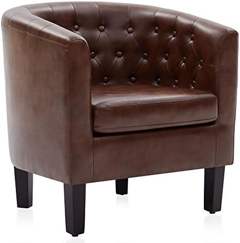 BELLEZE Accent Barrel Arm Chair, Modern Comfy Upholstered Tufted Club Chair with Sturdy Legs and Linen Fabric for Bedroom Living Room - Caramel