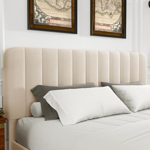 VECELO King Size Upholstered Bed Frame with 4 Drawers and Headboard, Velvet Platform Storage Bedframe, Wooden Slats Support, No Box Spring Needed,Bone Beige