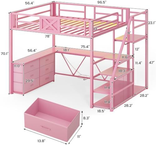 Itaar Full Size Loft Bed with Desk and Storage Stairs, Metal Loft Bed with 6 Storage Drawers, Hall Tree, LED Lights and Power Outlet, for Kids, Teens, Adults, Pink