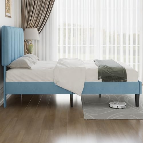 VECELO Queen Size Bed Frame with Upholstered Headboard, Light Blue