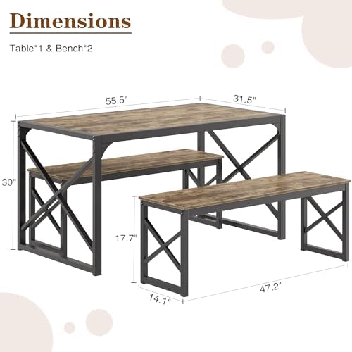 VECELO 55” Kitchen Dining Table Set for 4, Heavy-Duty Steel Frame & Wood-Grain Tabletop, Space-Saving Dinette Sets with 2 Benches for Breakfast Nook and Small Space, Grey