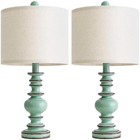 BOBOMOMO 20" Distressed Teal Bedside Lamps Set of 2, Hand-Painted Vintage Resin Lamps with Linen Shades, Cottage Farmhouse Lamp for Living Room, Bedroom, and Hallway, Space-Saving Accent Lamps